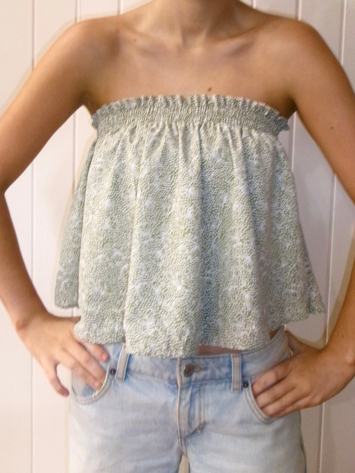 Green strapless top