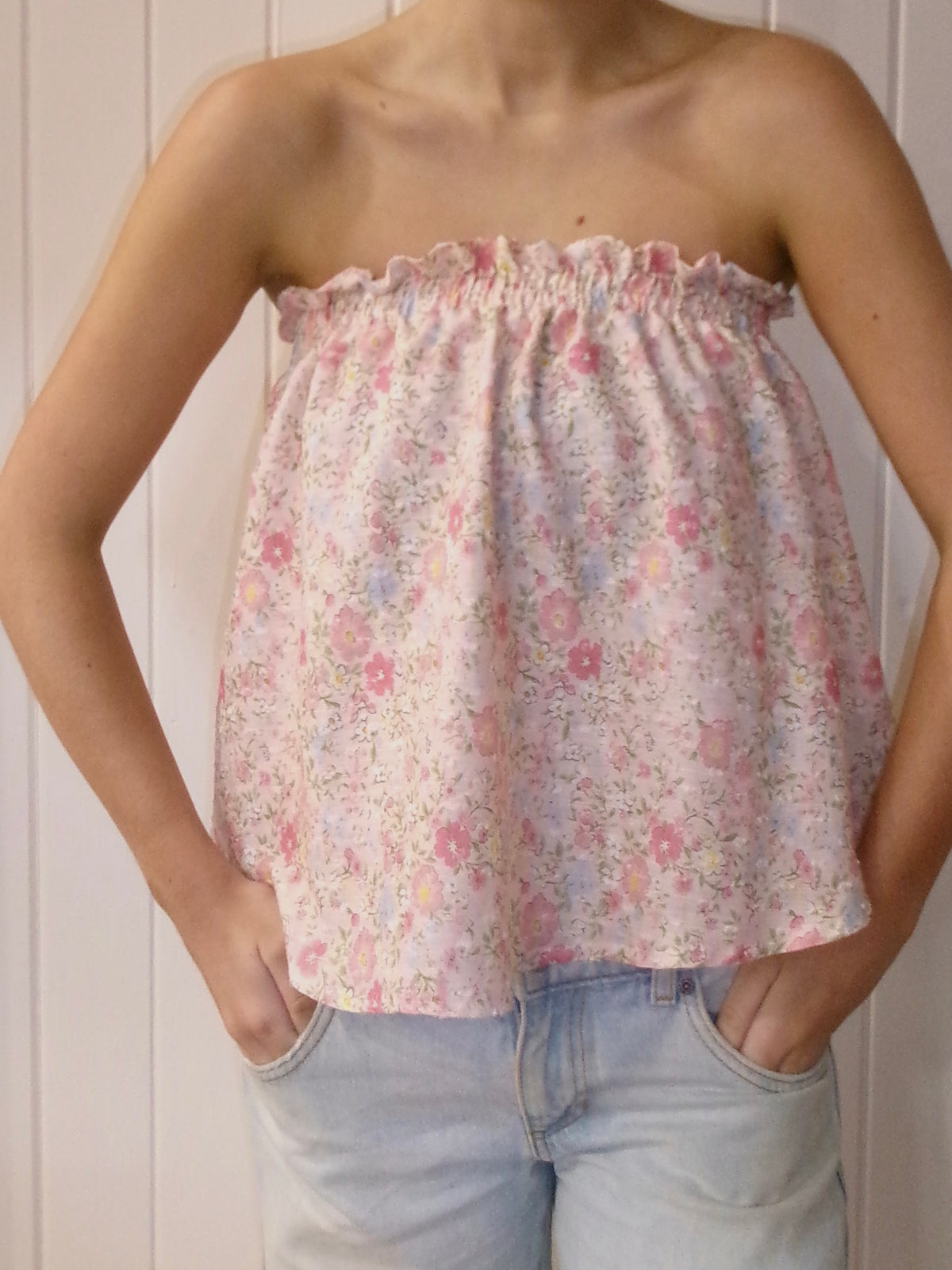 Pink floral strapless top