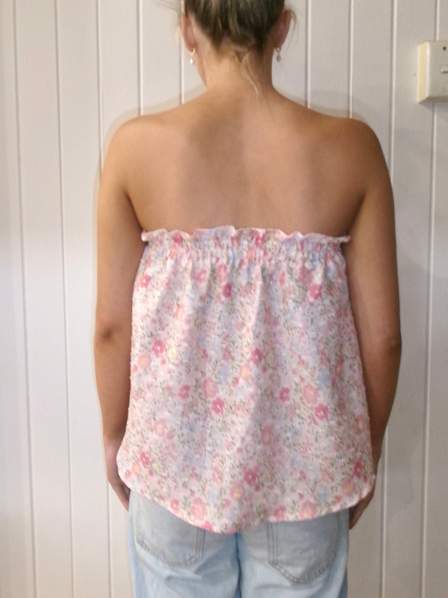 Pink floral strapless top