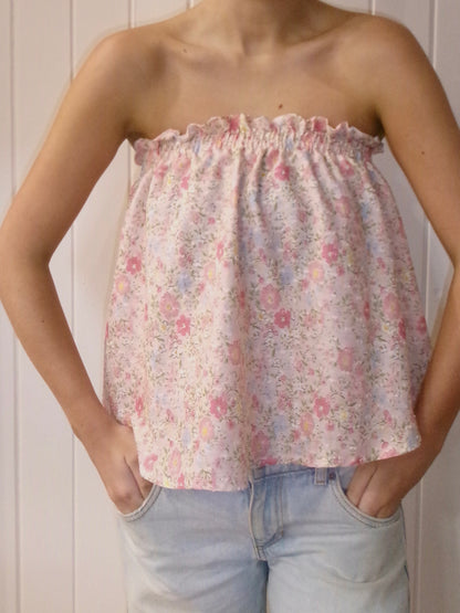 Pink floral strapless top